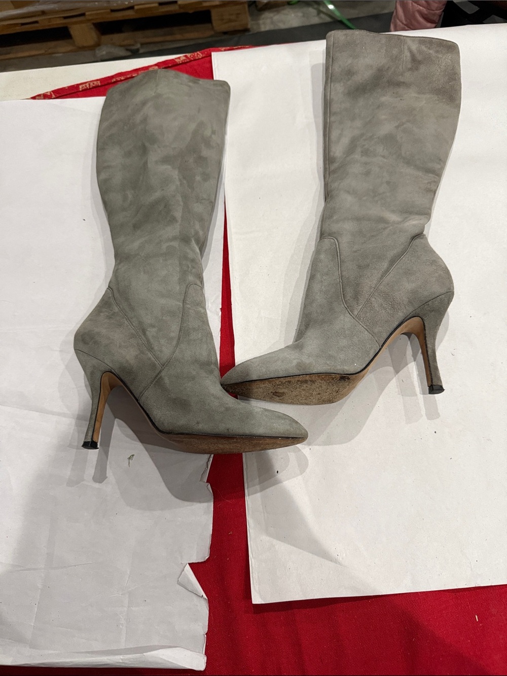 Via Spiga Gray Suede Knee-High Pointed-Toe Stiletto Boots